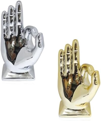 Zerzsy 2 Pack Gold Decor Finger Gesture Statues, “OK” Hands Sculpture Decor for Home Living Room Office,Sculptures Decorative Objects for Bookshelf Shelves Desk Table-Gold & Silver