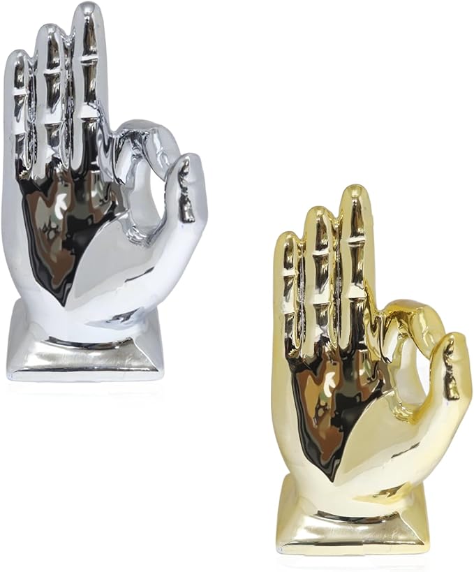 Zerzsy 2 Pack Gold Decor Finger Gesture Statues, “OK” Hands Sculpture Decor for Home Living Room Office,Sculptures Decorative Objects for Bookshelf Shelves Desk Table-Gold & Silver