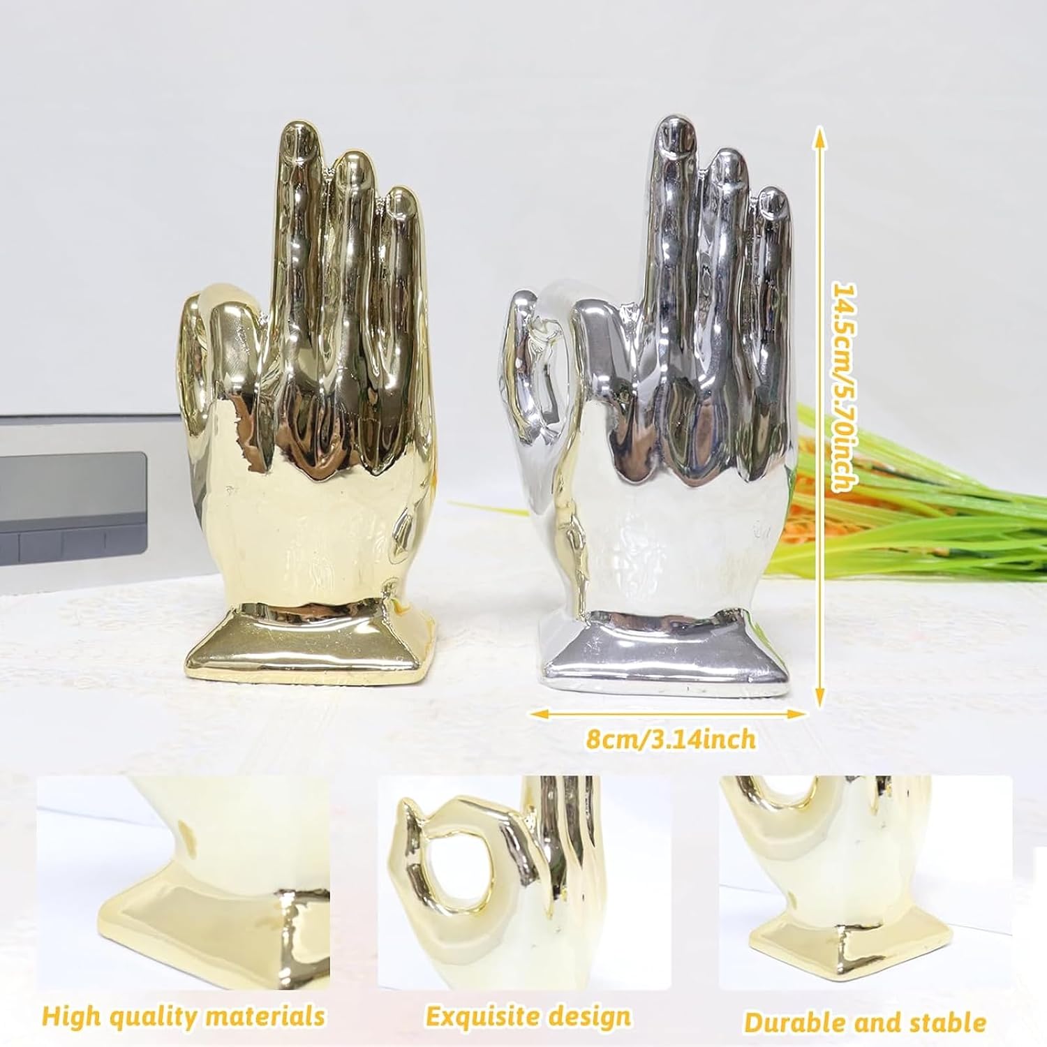 Zerzsy 2 Pack Gold Decor Finger Gesture Statues, “OK” Hands Sculpture Decor for Home Living Room Office,Sculptures Decorative Objects for Bookshelf Shelves Desk Table-Gold & Silver